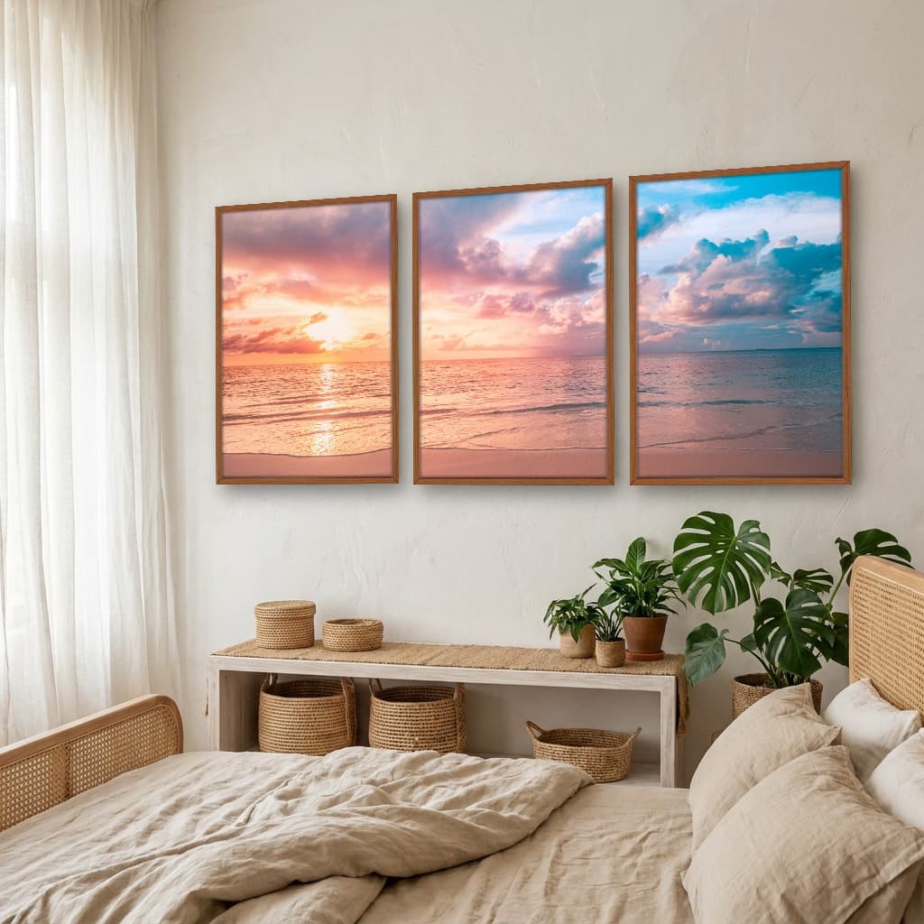 Kit Quadros Decorativos Mar Com Pôr Do Sol