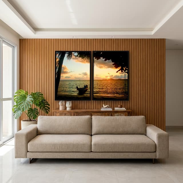 Kit Quadros Decorativos Mar Com Pôr Do Sol