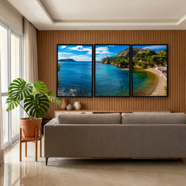 Kit Quadros Decorativos Mar Azul Com Montanha