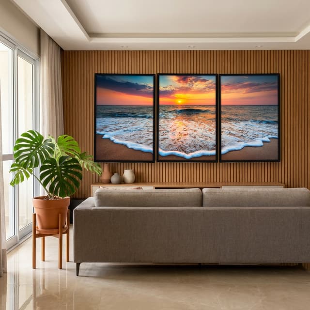 Kit Quadros Decorativos Mar Com Pôr Do Sol
