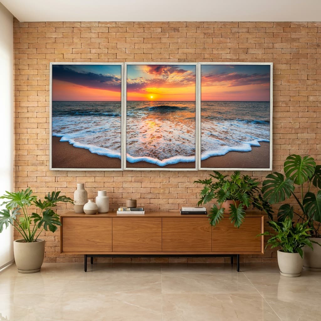 Kit Quadros Decorativos Mar Com Pôr Do Sol
