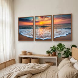 Kit Quadros Decorativos Mar Com Pôr Do Sol