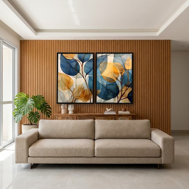 Kit Quadros Decorativos Folhas Amarelo E Azul
