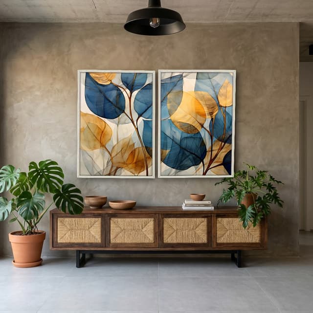 Kit Quadros Decorativos Folhas Amarelo E Azul