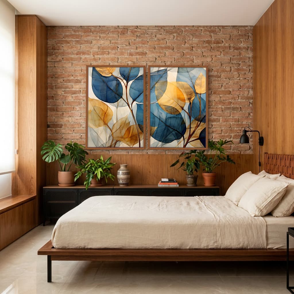 Kit Quadros Decorativos Folhas Amarelo E Azul