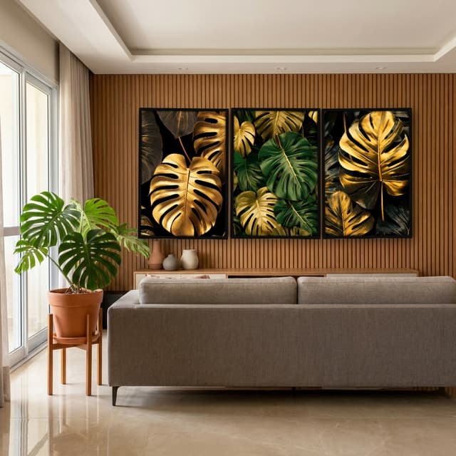 Kit Quadros Decorativos Costela De Adão Dourada