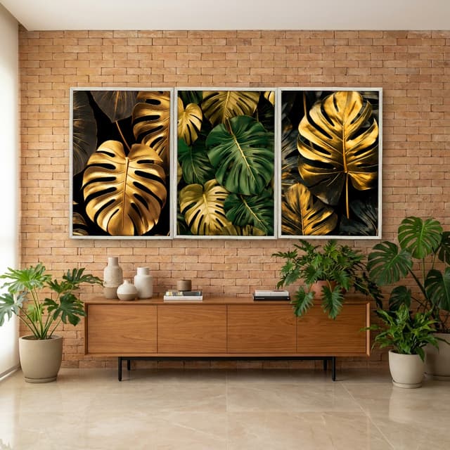 Kit Quadros Decorativos Costela De Adão Dourada
