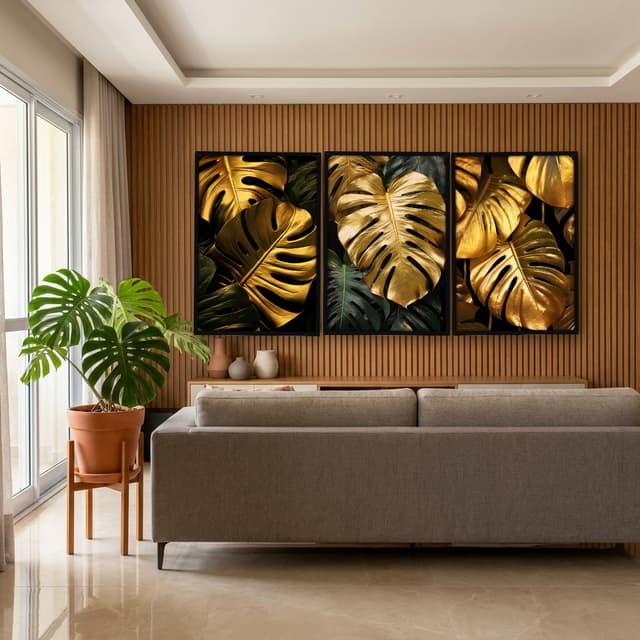 Kit Quadros Decorativos Costela De Adão Dourada