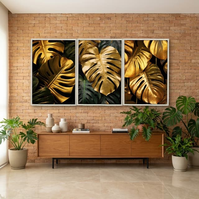 Kit Quadros Decorativos Costela De Adão Dourada
