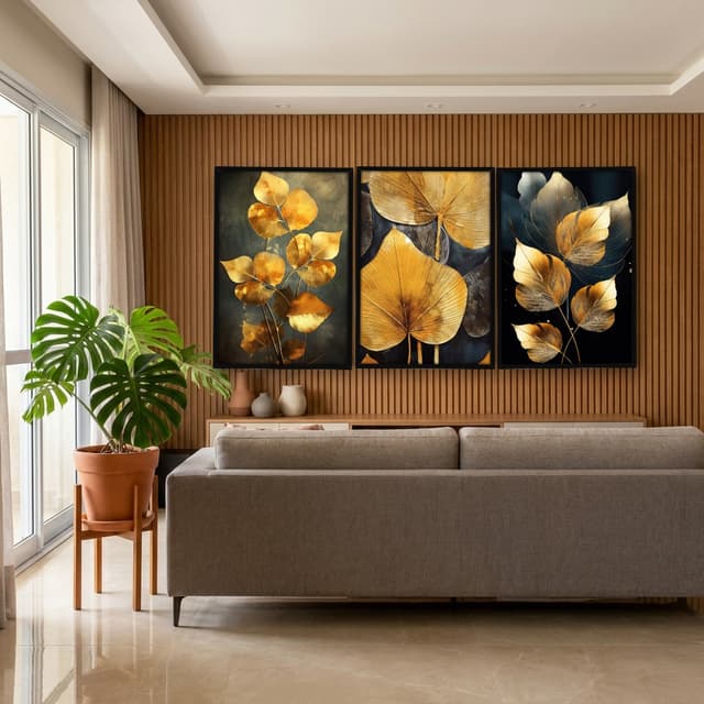 Kit Quadros Decorativos Planta Dourada