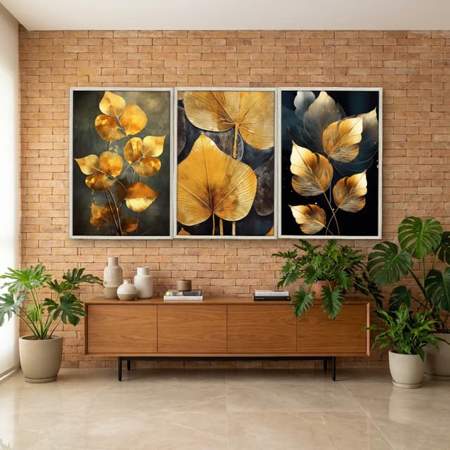 Kit Quadros Decorativos Planta Dourada