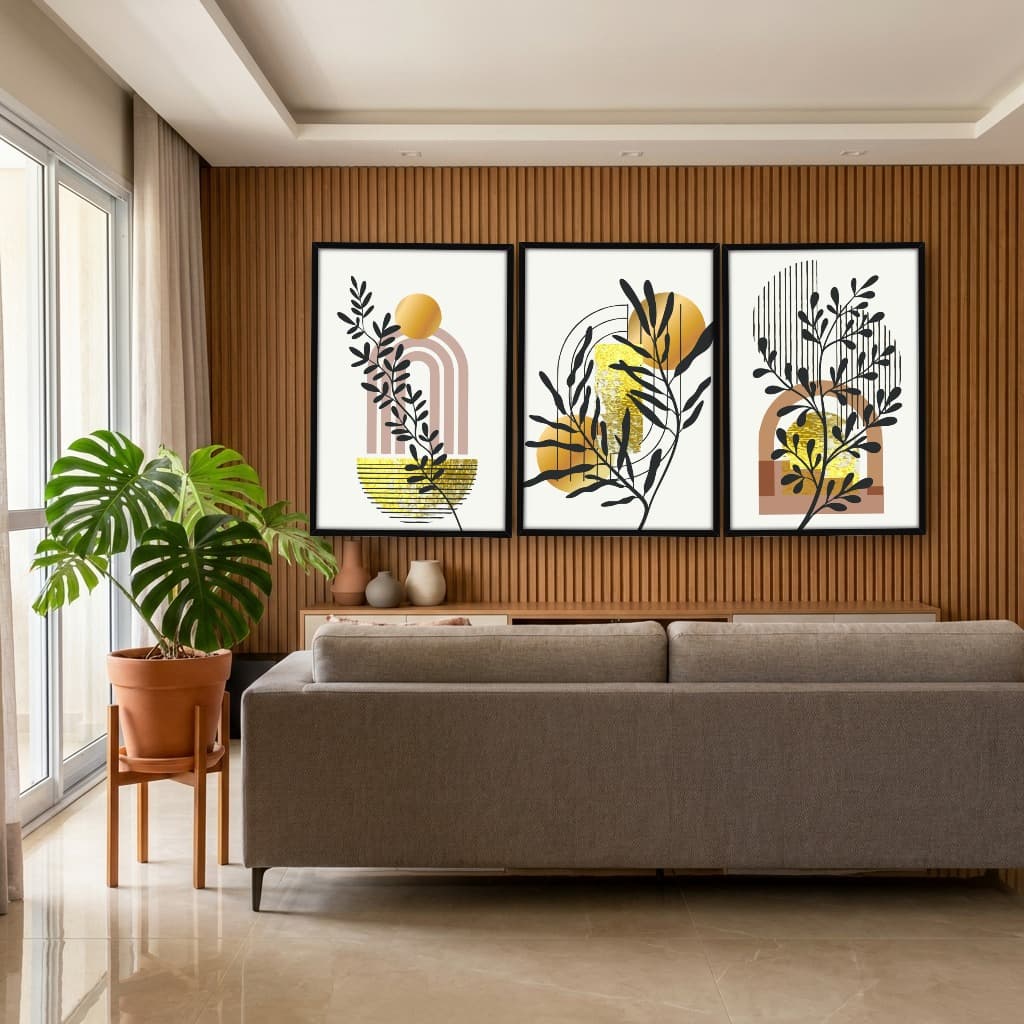 Kit Quadros Decorativos Planta Abstrata Dourada