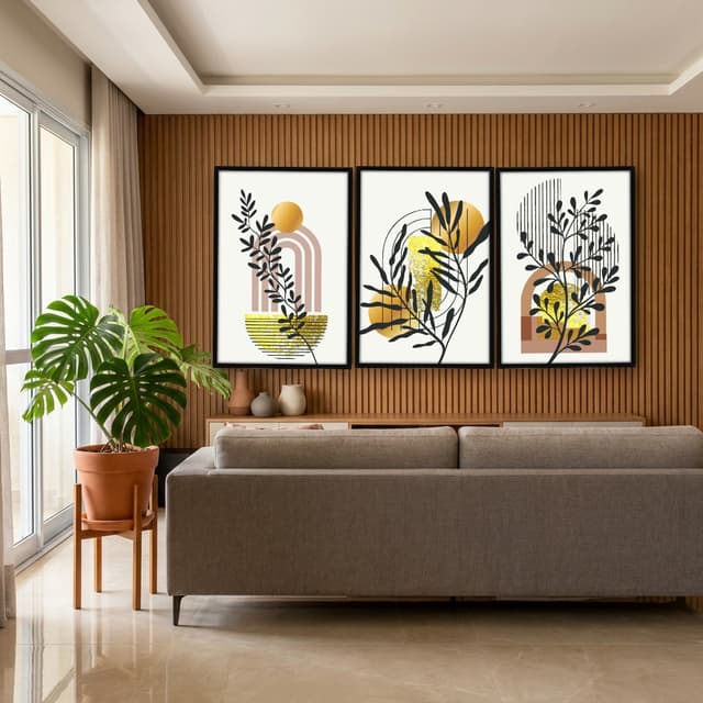 Kit Quadros Decorativos Planta Abstrata Dourada