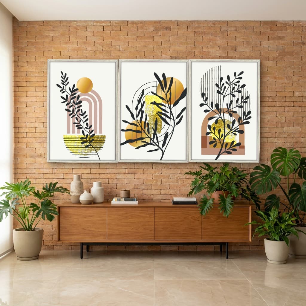 Kit Quadros Decorativos Planta Abstrata Dourada