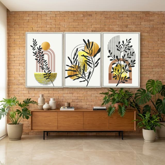 Kit Quadros Decorativos Planta Abstrata Dourada