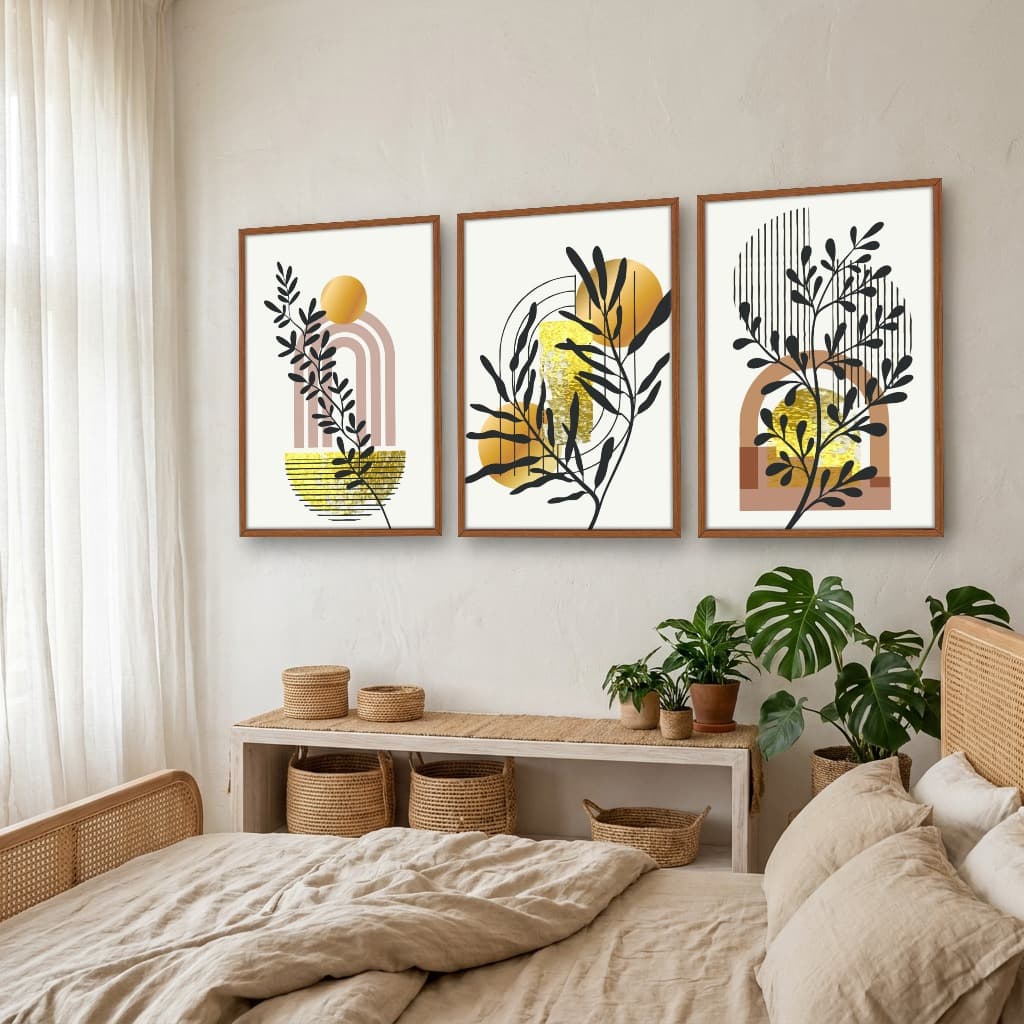 Kit Quadros Decorativos Planta Abstrata Dourada