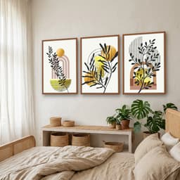 Kit Quadros Decorativos Planta Abstrata Dourada