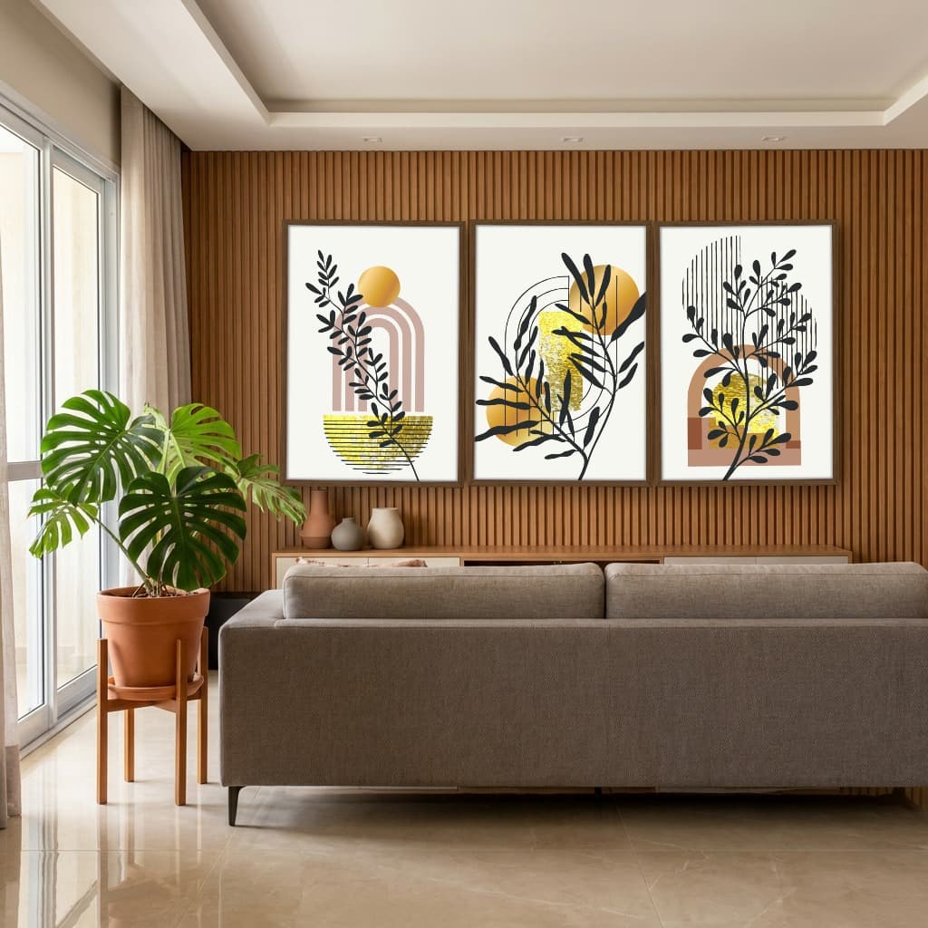 Kit Quadros Decorativos Planta Abstrata Dourada