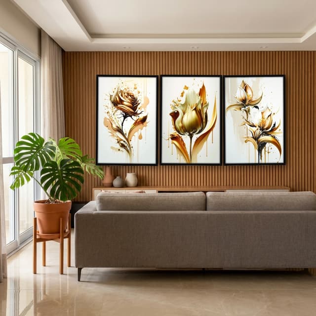 Kit Quadros Decorativos Planta Dourada