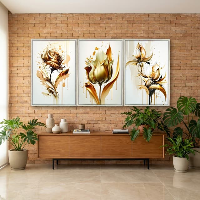 Kit Quadros Decorativos Planta Dourada