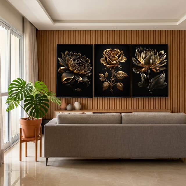 Kit Quadros Decorativos Planta Dourada