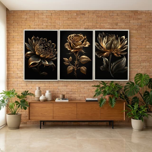Kit Quadros Decorativos Planta Dourada