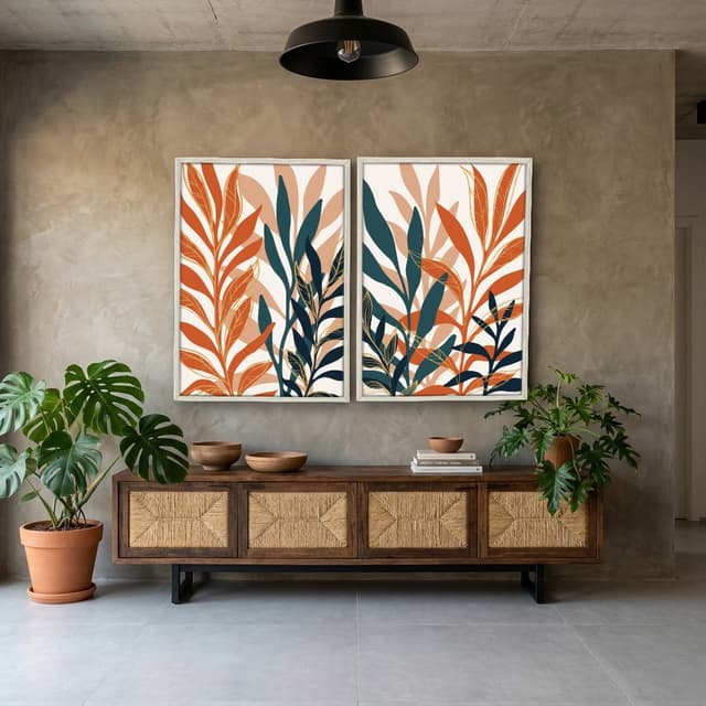 Kit Quadros Decorativos Folhas Laranja E Azul