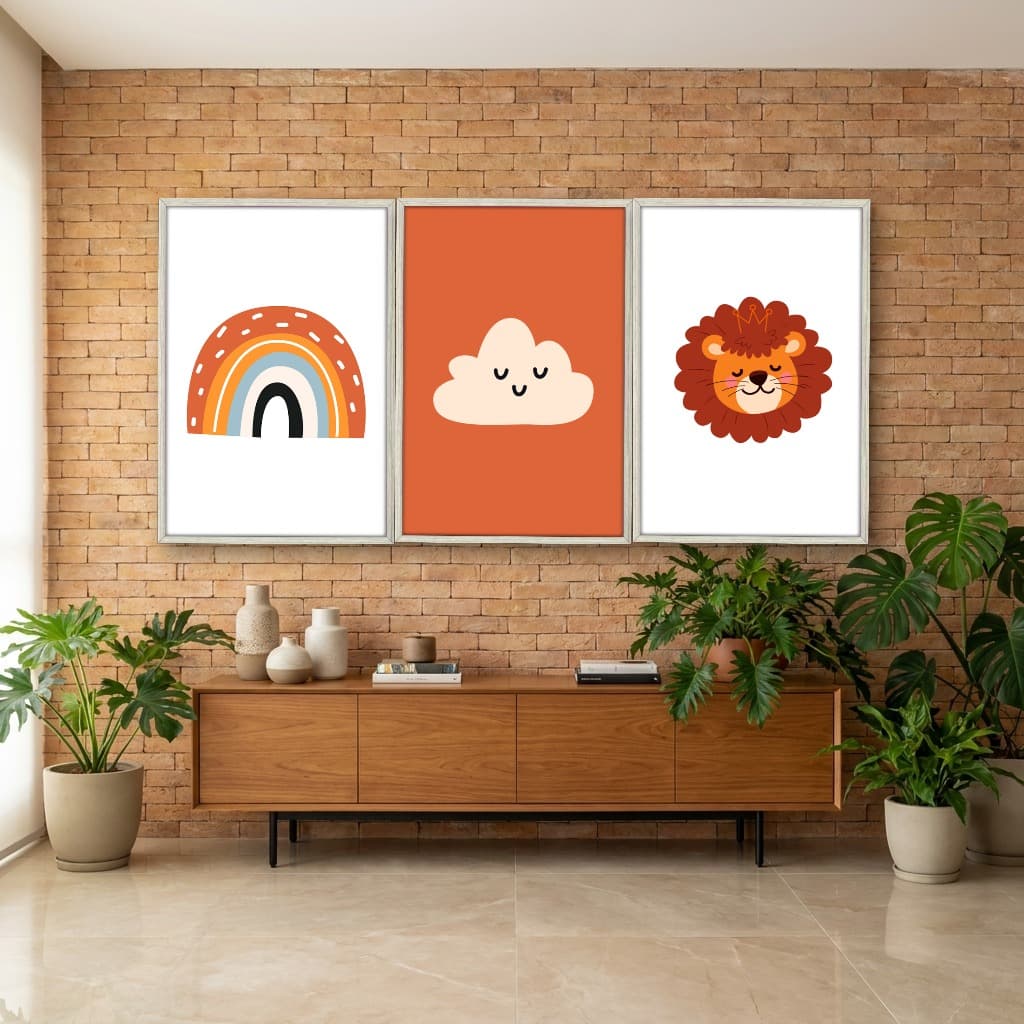 Kit Quadros Decorativos Leão Nuvem E Arco Íris