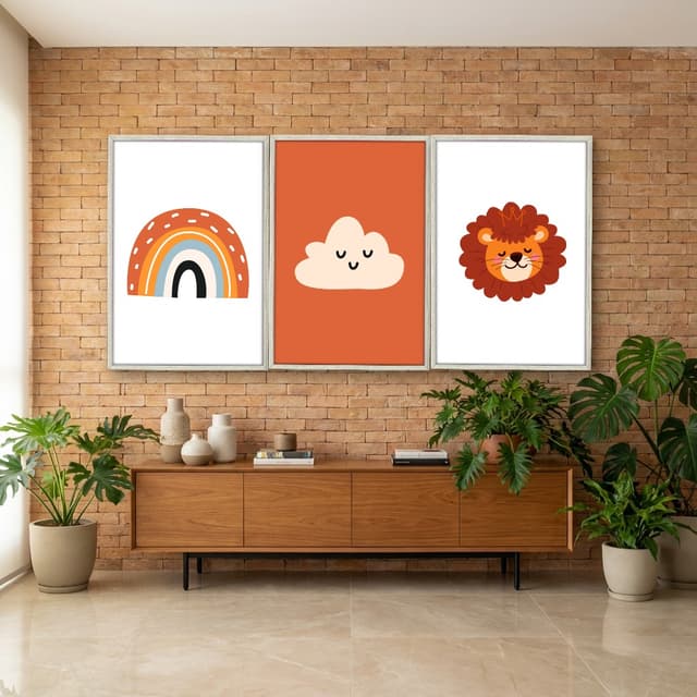 Kit Quadros Decorativos Leão Nuvem E Arco Íris
