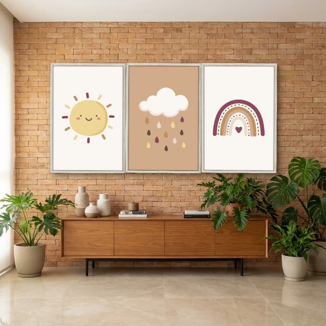 Kit Quadros Decorativos Nuvem Sol E Arco Íris