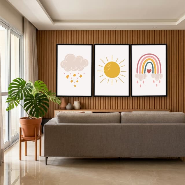 Kit Quadros Decorativos Nuvem Sol E Arco Íris