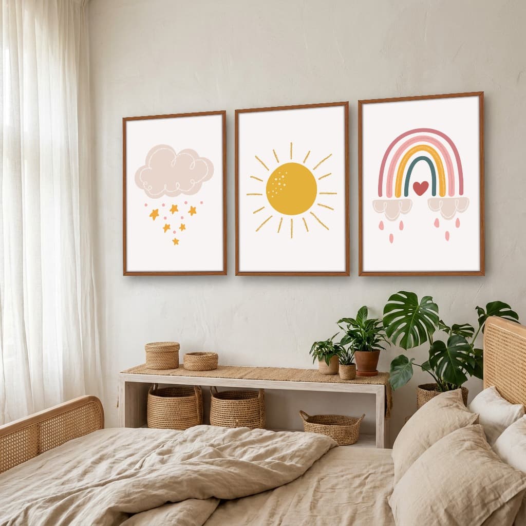 Kit Quadros Decorativos Nuvem Sol E Arco Íris