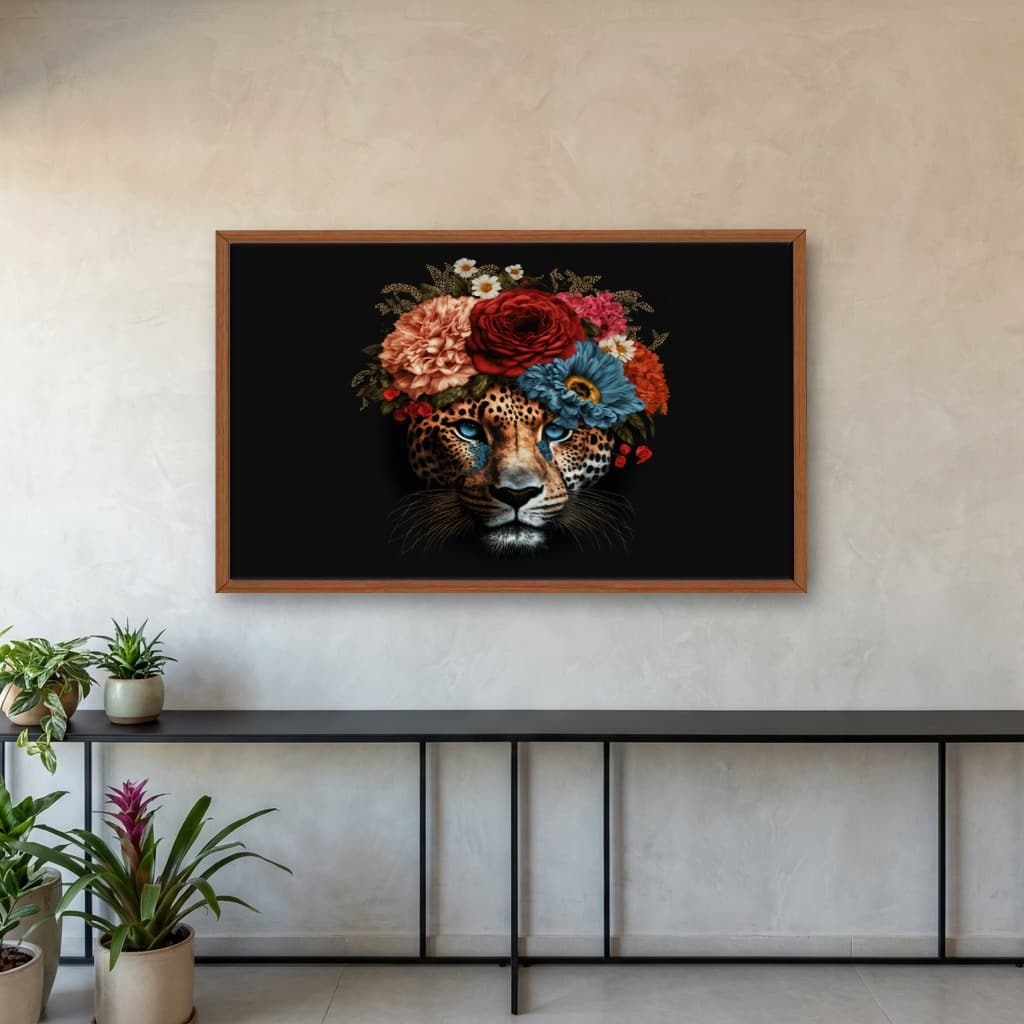 Quadro Decorativo Leopardo Com Coroa De Flores