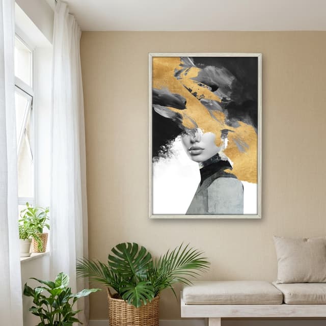 Quadro Decorativo Mulher Com Pintura Dourada