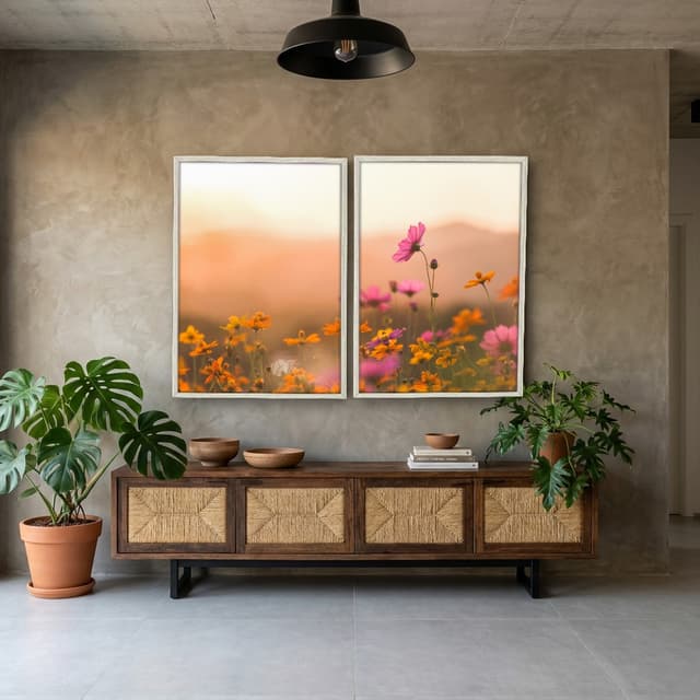 Kit Quadros Decorativos Flor Rosa E Laranja