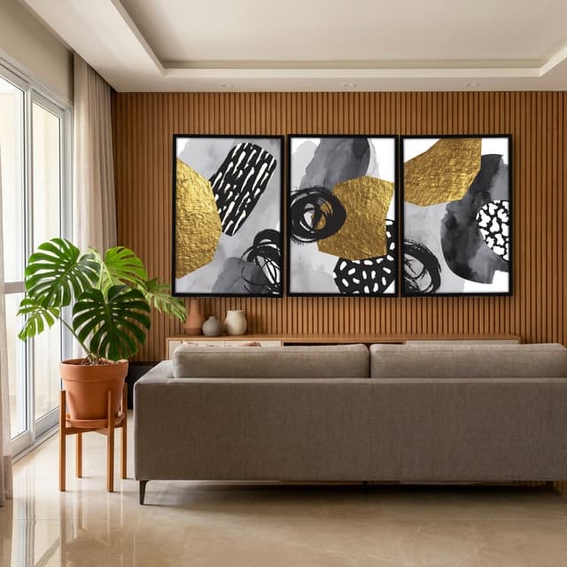Kit Quadros Decorativos Abstrato Dourado